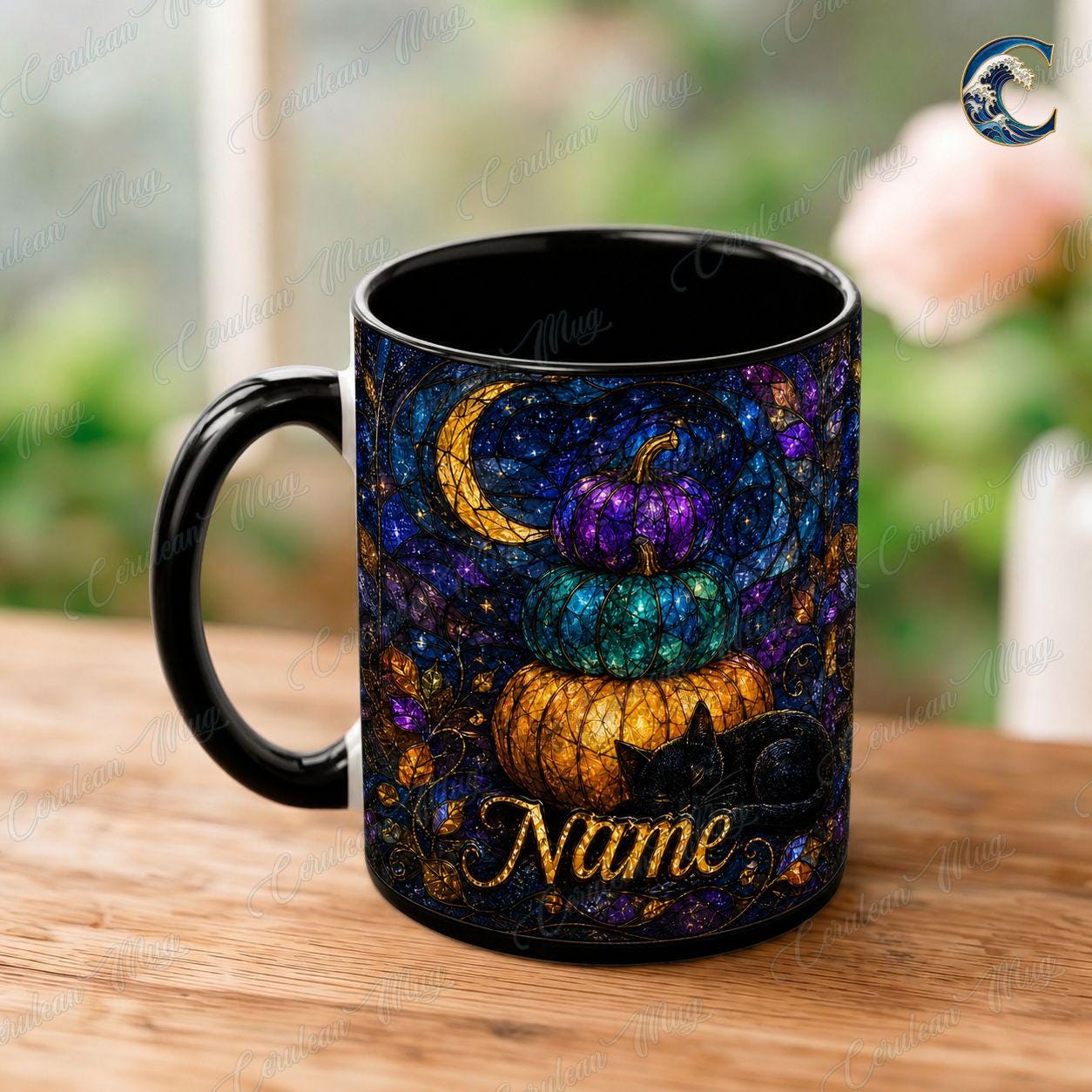 Personalized Pumpkin Stack Mug, Black Cat Autumn Coffee Mug, Stained Glass Pumpkin Mug, Black Cat Autumn Night Mug, Fall Season Gift