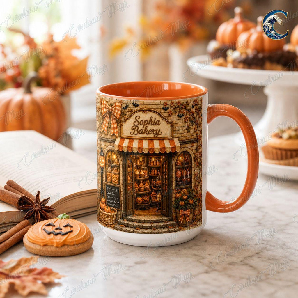 Personalized Bakery Mug, Custom Shop Name Coffee Mug, Fall Bakery Shop Mug, Candy Shop Autumn Scene Mug, Bakery Lover Gift