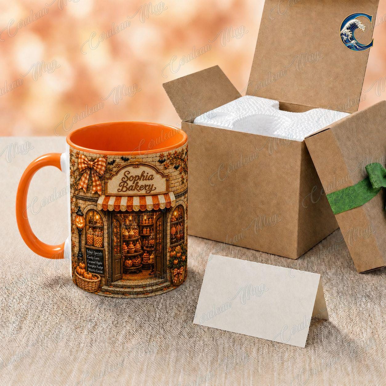 Personalized Bakery Mug, Custom Shop Name Coffee Mug, Fall Bakery Shop Mug, Candy Shop Autumn Scene Mug, Bakery Lover Gift