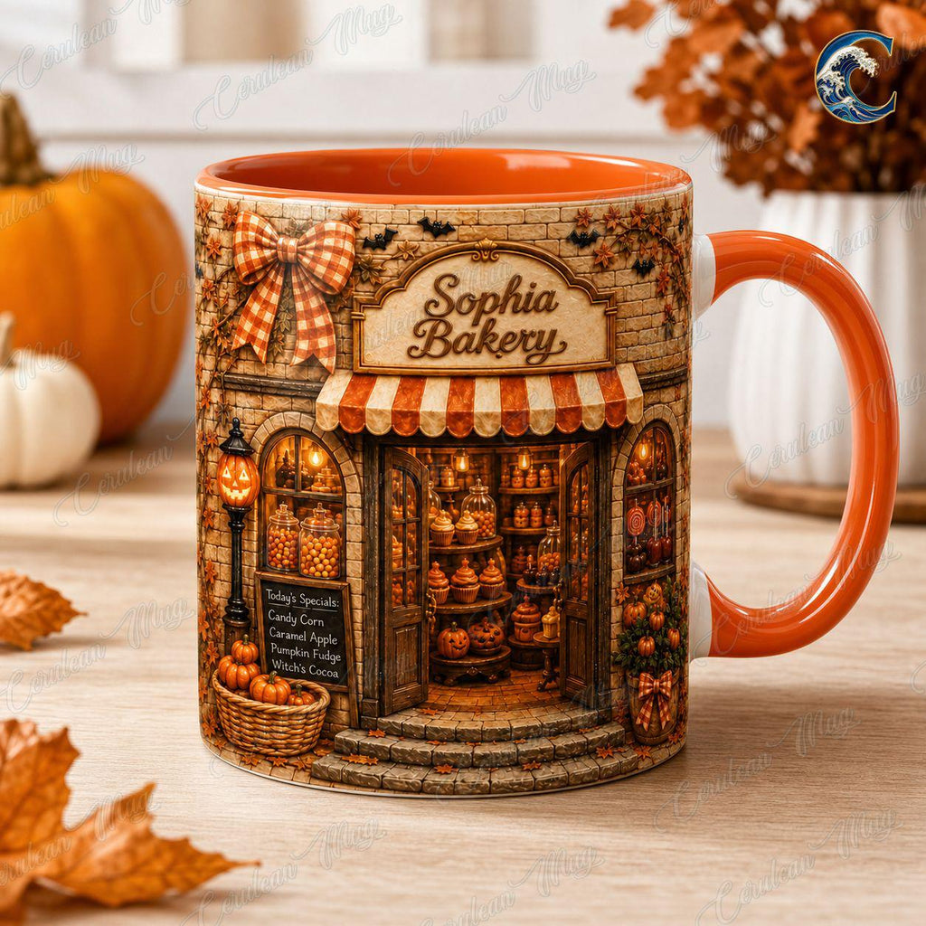 Personalized Bakery Mug, Custom Shop Name Coffee Mug, Fall Bakery Shop Mug, Candy Shop Autumn Scene Mug, Bakery Lover Gift