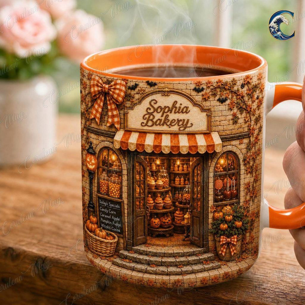 Personalized Bakery Mug, Custom Shop Name Coffee Mug, Fall Bakery Shop Mug, Candy Shop Autumn Scene Mug, Bakery Lover Gift