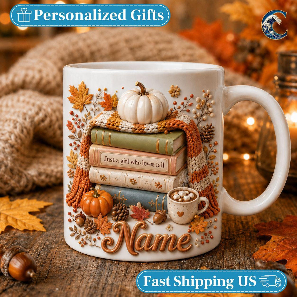 Personalized Fall Books Mug, Autumn Book Coffee Mug, Just A Girl Who Loves Fall Mug, Cozy Autumn Reading Mug, Book Lover Gift
