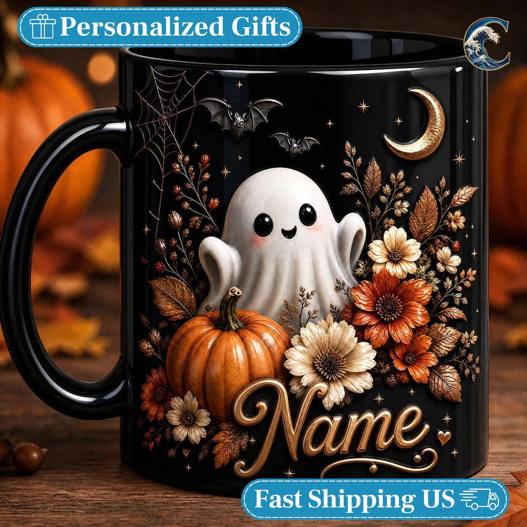 Personalized Ghost Floral  Mug, Cute Spooky Coffee Mug, Cute Ghost Floral Mug, Black Halloween Flower Bouquet Mug, Fall Ghost Gift