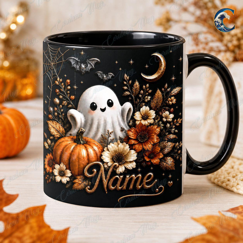 Personalized Ghost Floral  Mug, Cute Spooky Coffee Mug, Cute Ghost Floral Mug, Black Halloween Flower Bouquet Mug, Fall Ghost Gift