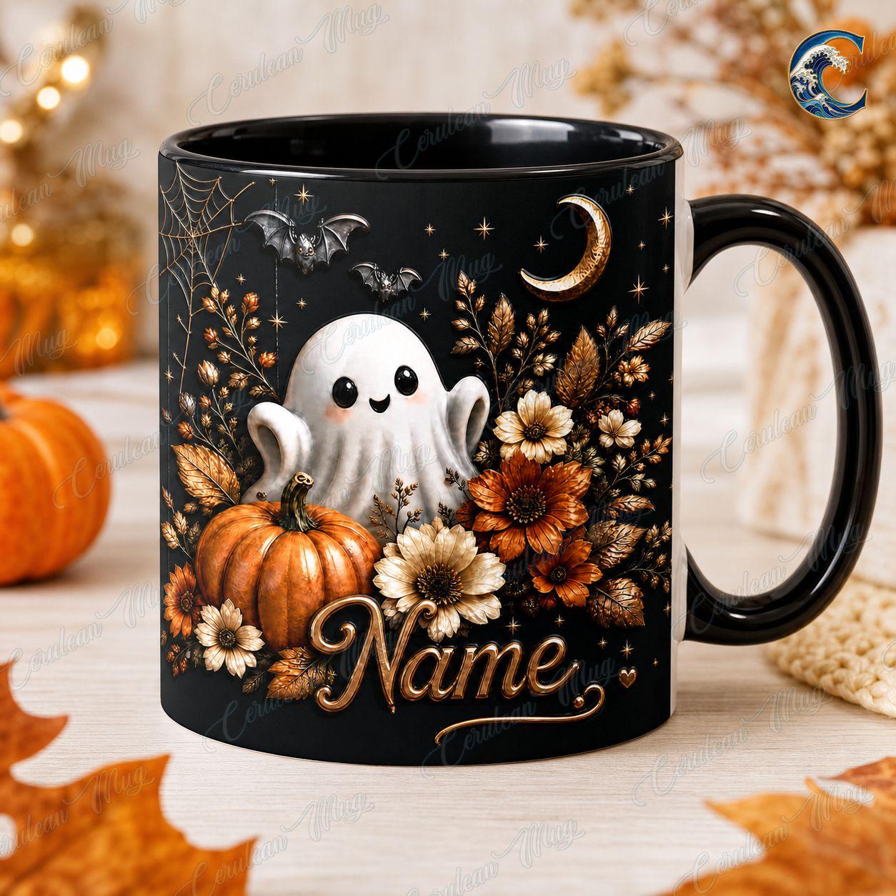 Personalized Ghost Floral  Mug, Cute Spooky Coffee Mug, Cute Ghost Floral Mug, Black Halloween Flower Bouquet Mug, Fall Ghost Gift