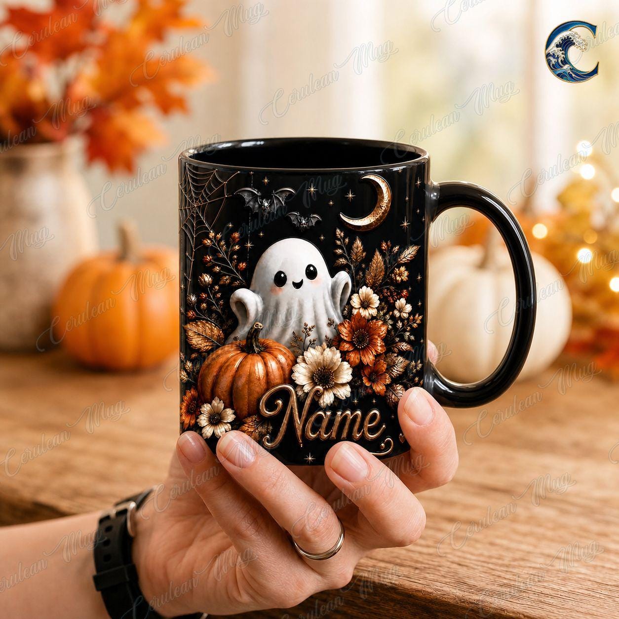 Personalized Ghost Floral  Mug, Cute Spooky Coffee Mug, Cute Ghost Floral Mug, Black Halloween Flower Bouquet Mug, Fall Ghost Gift
