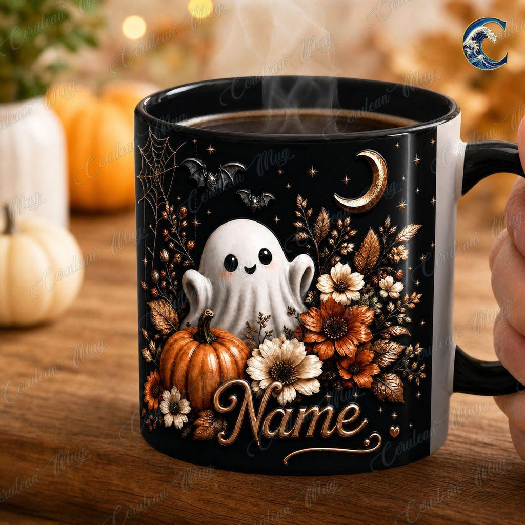 Personalized Ghost Floral  Mug, Cute Spooky Coffee Mug, Cute Ghost Floral Mug, Black Halloween Flower Bouquet Mug, Fall Ghost Gift