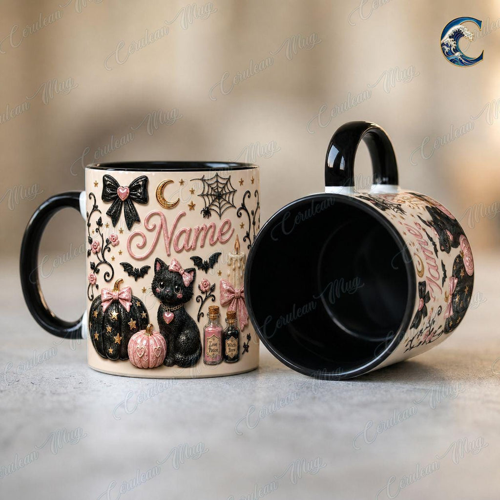 Personalized Witchy Cat Mug, Black Cat Potion Coffee Mug, Pink Gothic Halloween Mug, Pink Pumpkin Mug, Halloween Cat Gift