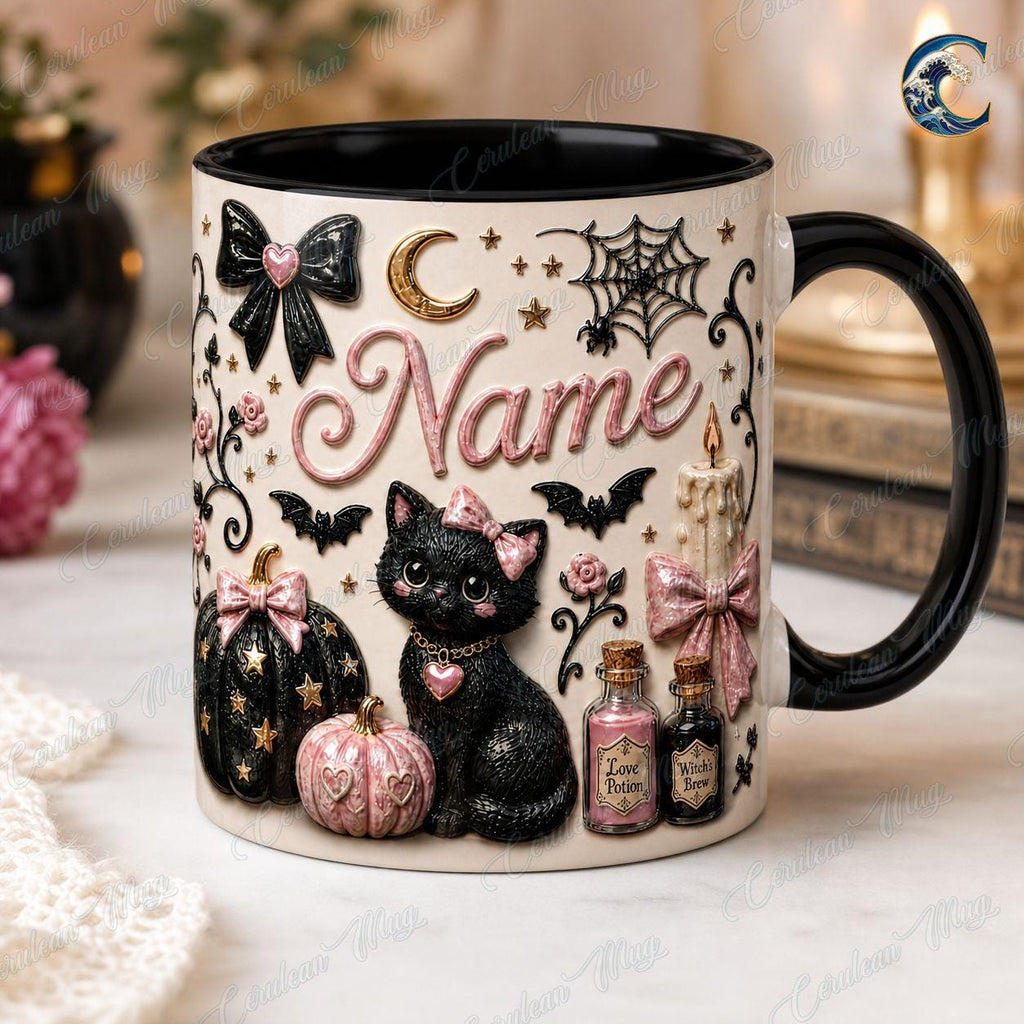 Personalized Witchy Cat Mug, Black Cat Potion Coffee Mug, Pink Gothic Halloween Mug, Pink Pumpkin Mug, Halloween Cat Gift