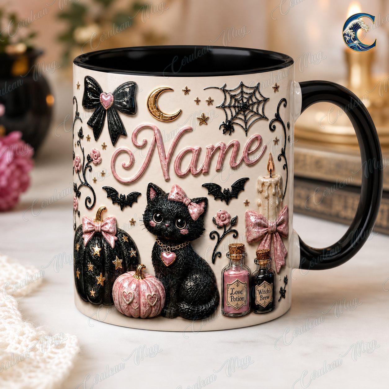 Personalized Witchy Cat Mug, Black Cat Potion Coffee Mug, Pink Gothic Halloween Mug, Pink Pumpkin Mug, Halloween Cat Gift