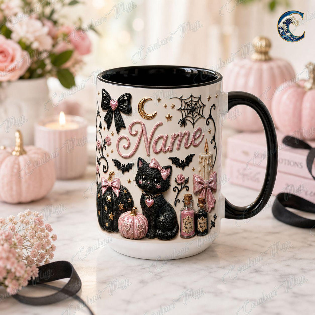 Personalized Witchy Cat Mug, Black Cat Potion Coffee Mug, Pink Gothic Halloween Mug, Pink Pumpkin Mug, Halloween Cat Gift