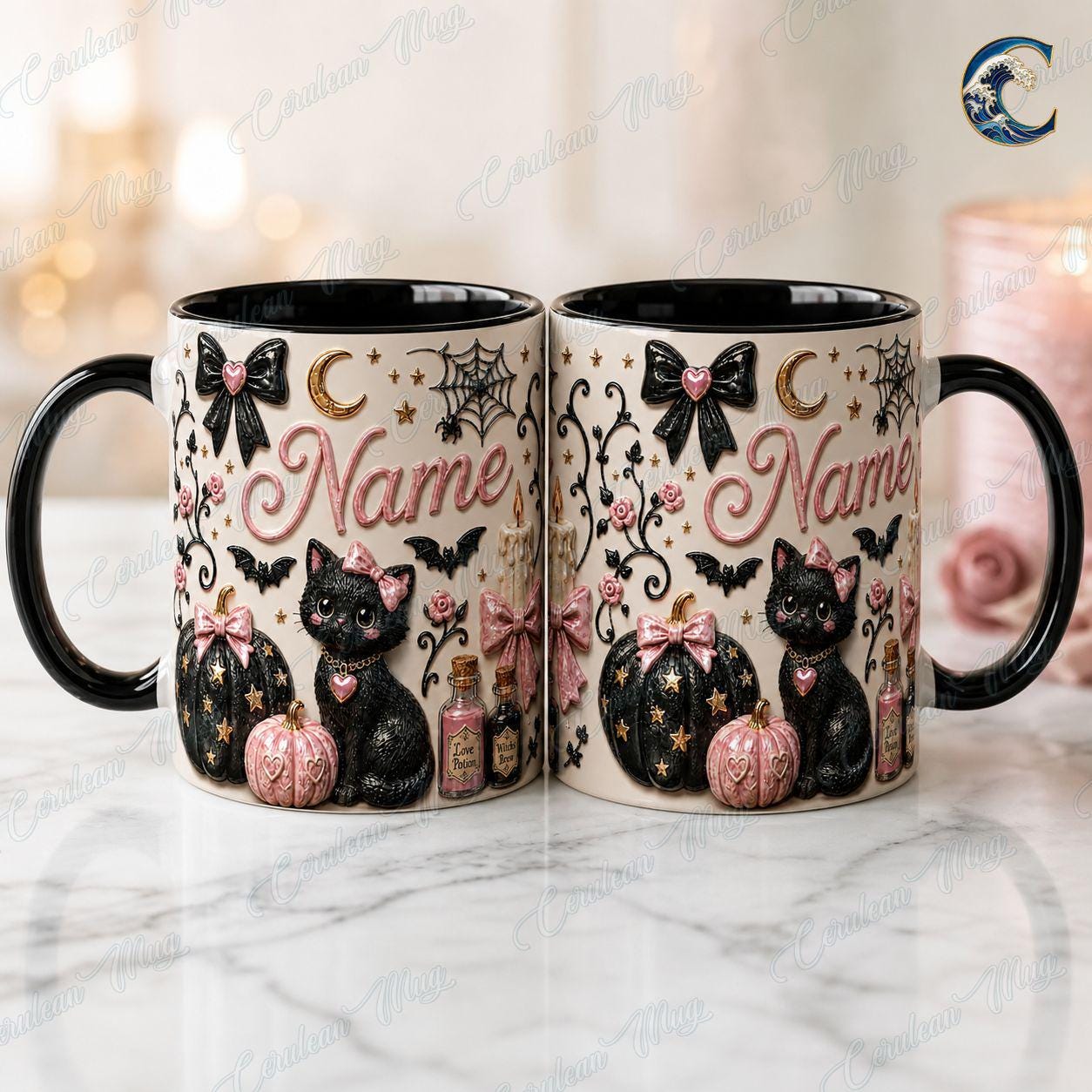 Personalized Witchy Cat Mug, Black Cat Potion Coffee Mug, Pink Gothic Halloween Mug, Pink Pumpkin Mug, Halloween Cat Gift