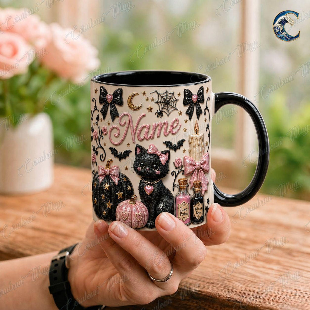 Personalized Witchy Cat Mug, Black Cat Potion Coffee Mug, Pink Gothic Halloween Mug, Pink Pumpkin Mug, Halloween Cat Gift