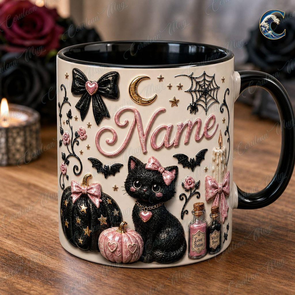 Personalized Witchy Cat Mug, Black Cat Potion Coffee Mug, Pink Gothic Halloween Mug, Pink Pumpkin Mug, Halloween Cat Gift