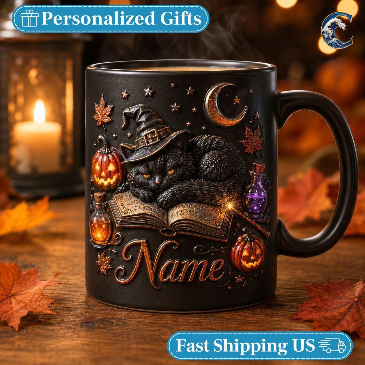 Personalized Witch Cat Mug, Gothic Cat Coffee Mug, Black Cat Spellbook Mug, Witch Hat Pumpkin Potion Mug, Halloween Night Gift