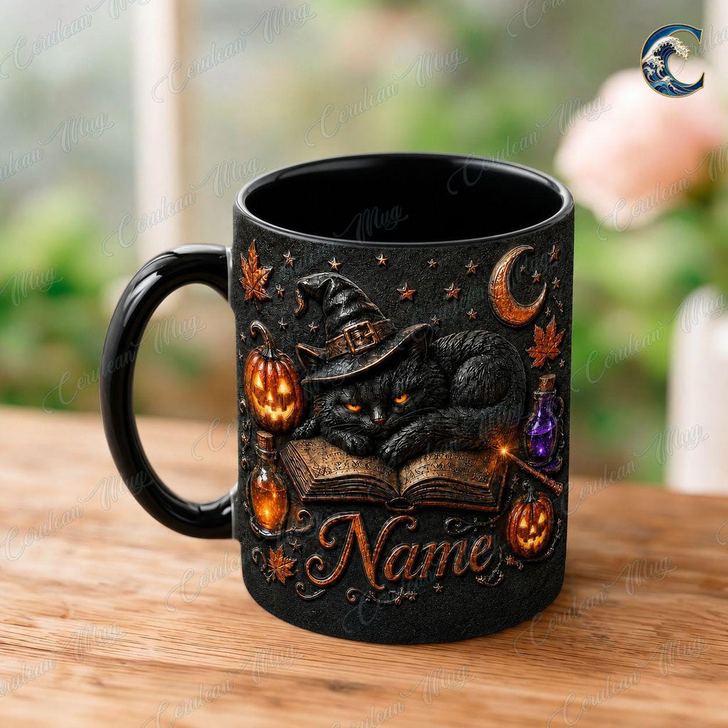 Personalized Witch Cat Mug, Gothic Cat Coffee Mug, Black Cat Spellbook Mug, Witch Hat Pumpkin Potion Mug, Halloween Night Gift