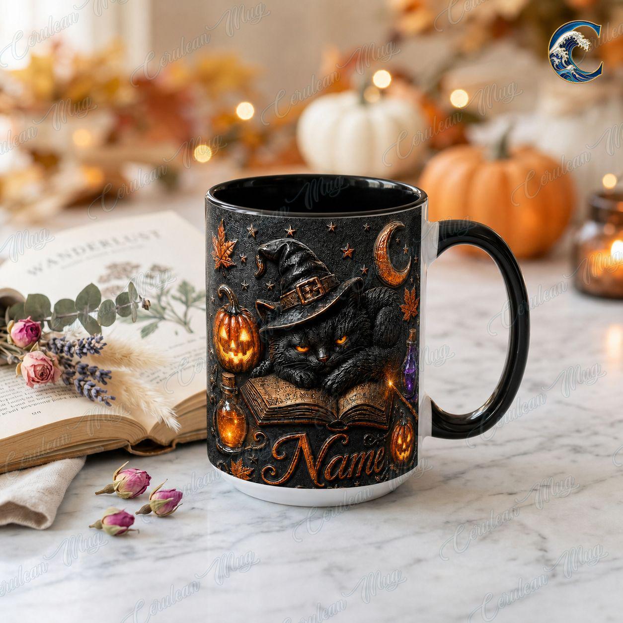 Personalized Witch Cat Mug, Gothic Cat Coffee Mug, Black Cat Spellbook Mug, Witch Hat Pumpkin Potion Mug, Halloween Night Gift