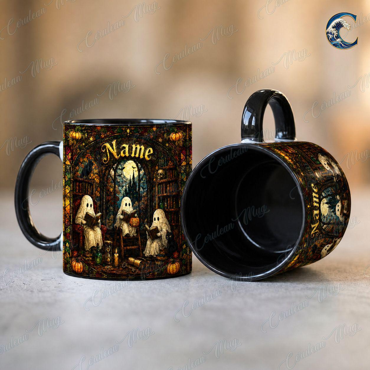 Personalized Reading Ghost Mug, Spooky Season Coffee Mug, Stained Glass Library Mug, Spooky Book Club Mug, Halloween Reader Gift
