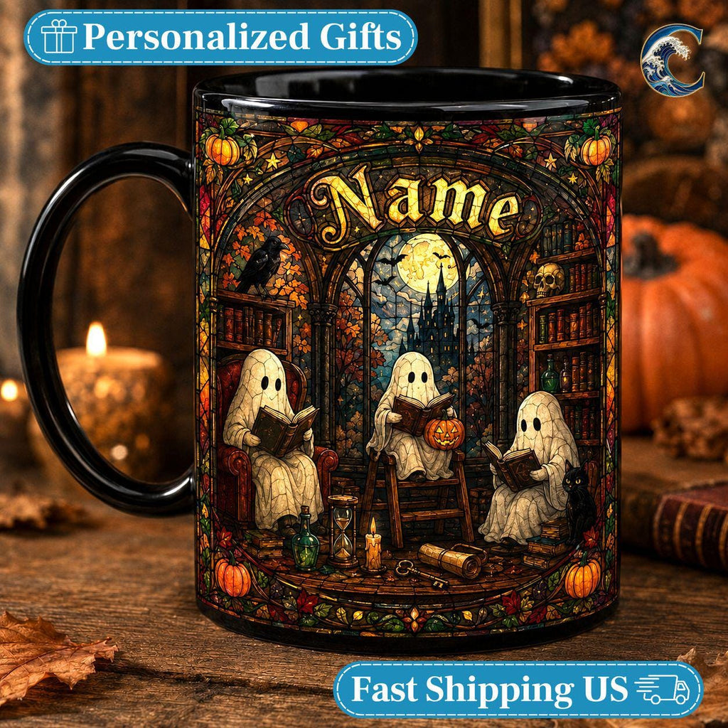 Personalized Reading Ghost Mug, Spooky Season Coffee Mug, Stained Glass Library Mug, Spooky Book Club Mug, Halloween Reader Gift