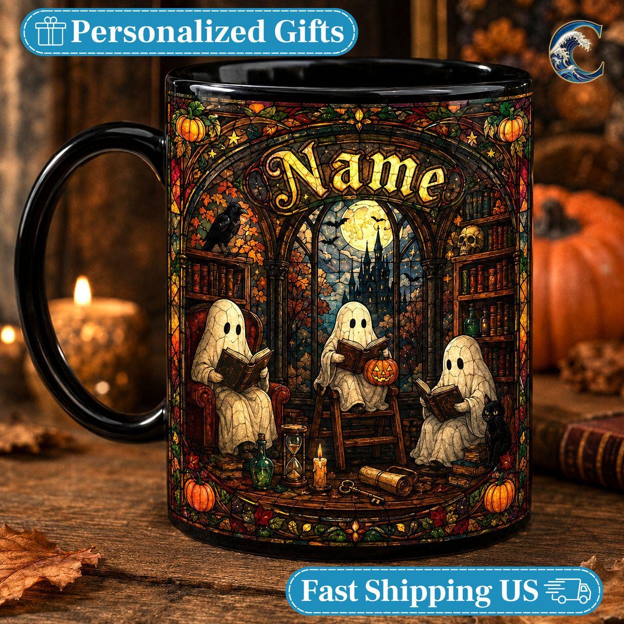 Personalized Reading Ghost Mug, Spooky Season Coffee Mug, Stained Glass Library Mug, Spooky Book Club Mug, Halloween Reader Gift