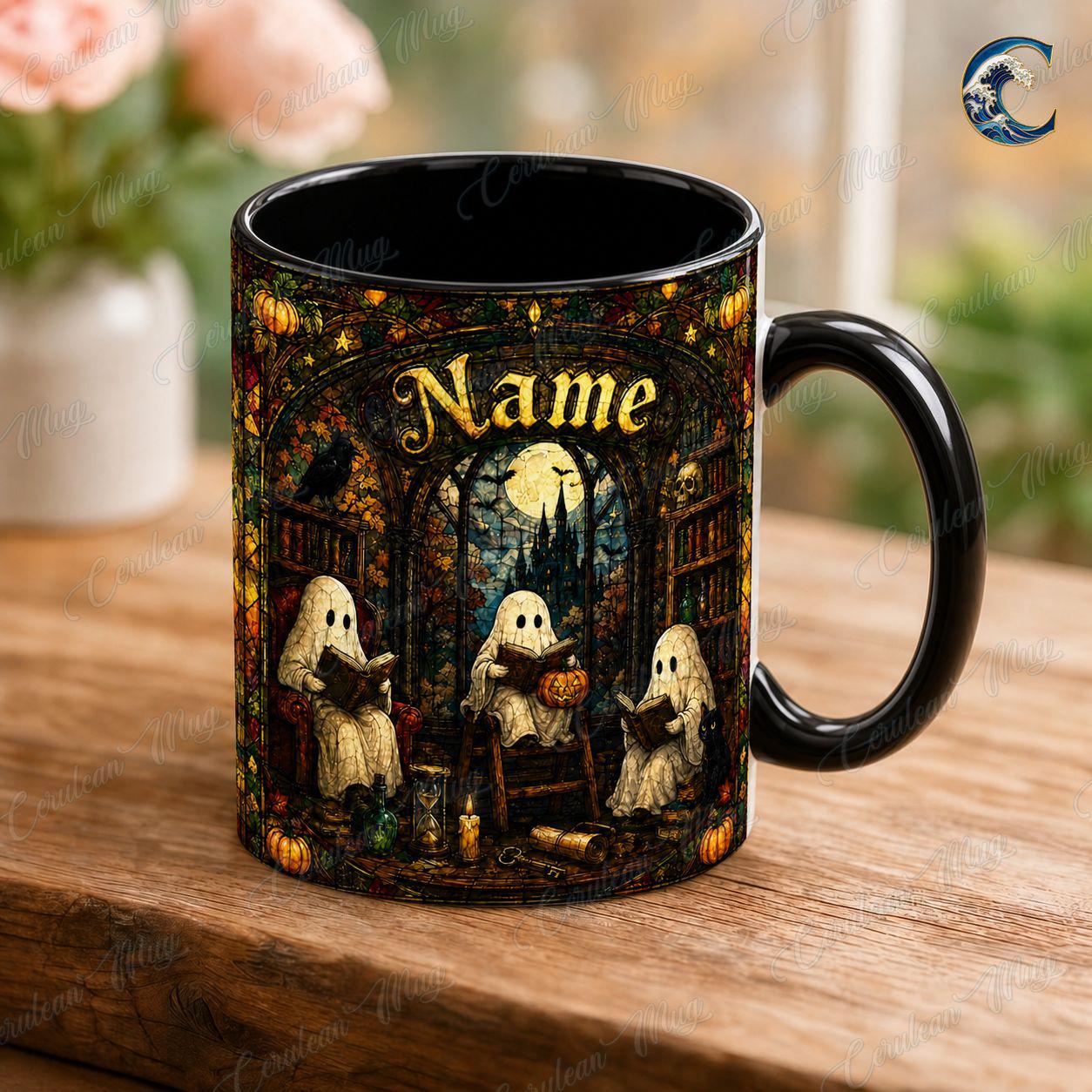 Personalized Reading Ghost Mug, Spooky Season Coffee Mug, Stained Glass Library Mug, Spooky Book Club Mug, Halloween Reader Gift