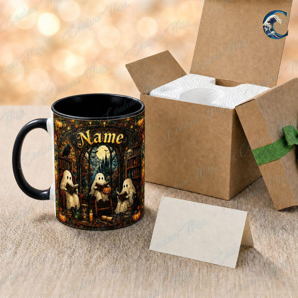 Personalized Reading Ghost Mug, Spooky Season Coffee Mug, Stained Glass Library Mug, Spooky Book Club Mug, Halloween Reader Gift