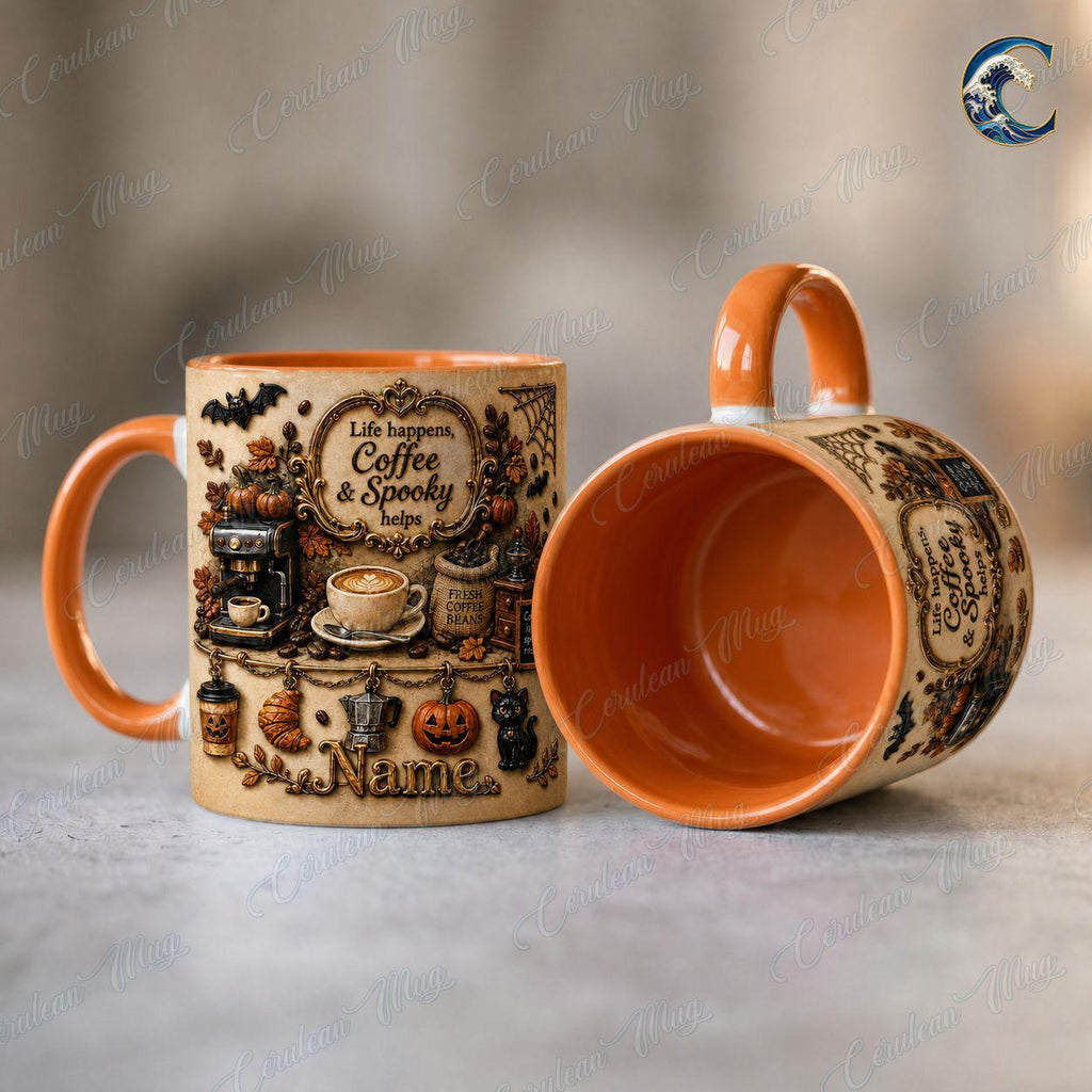 Personalized Coffee Lover Mug, Life Happens Coffee Mug, Spooky Halloween Charm Mug, Custom Name Pumpkin Mug, Fall Coffee Gift