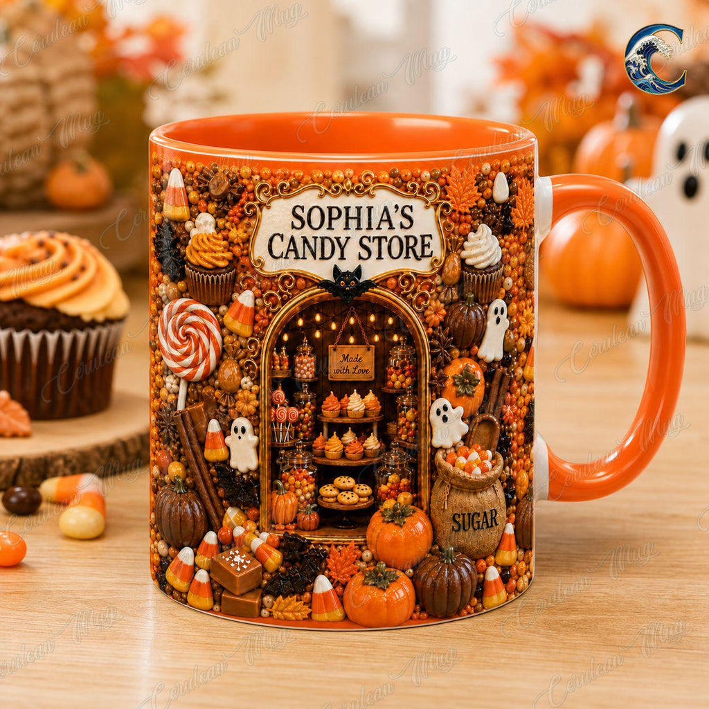 Personalized Candy Store Mug, Sophia Candy Store Coffee Mug, Halloween Trick or Treat Mug, Custom Shop Name Mug, Spooky Fall Gift