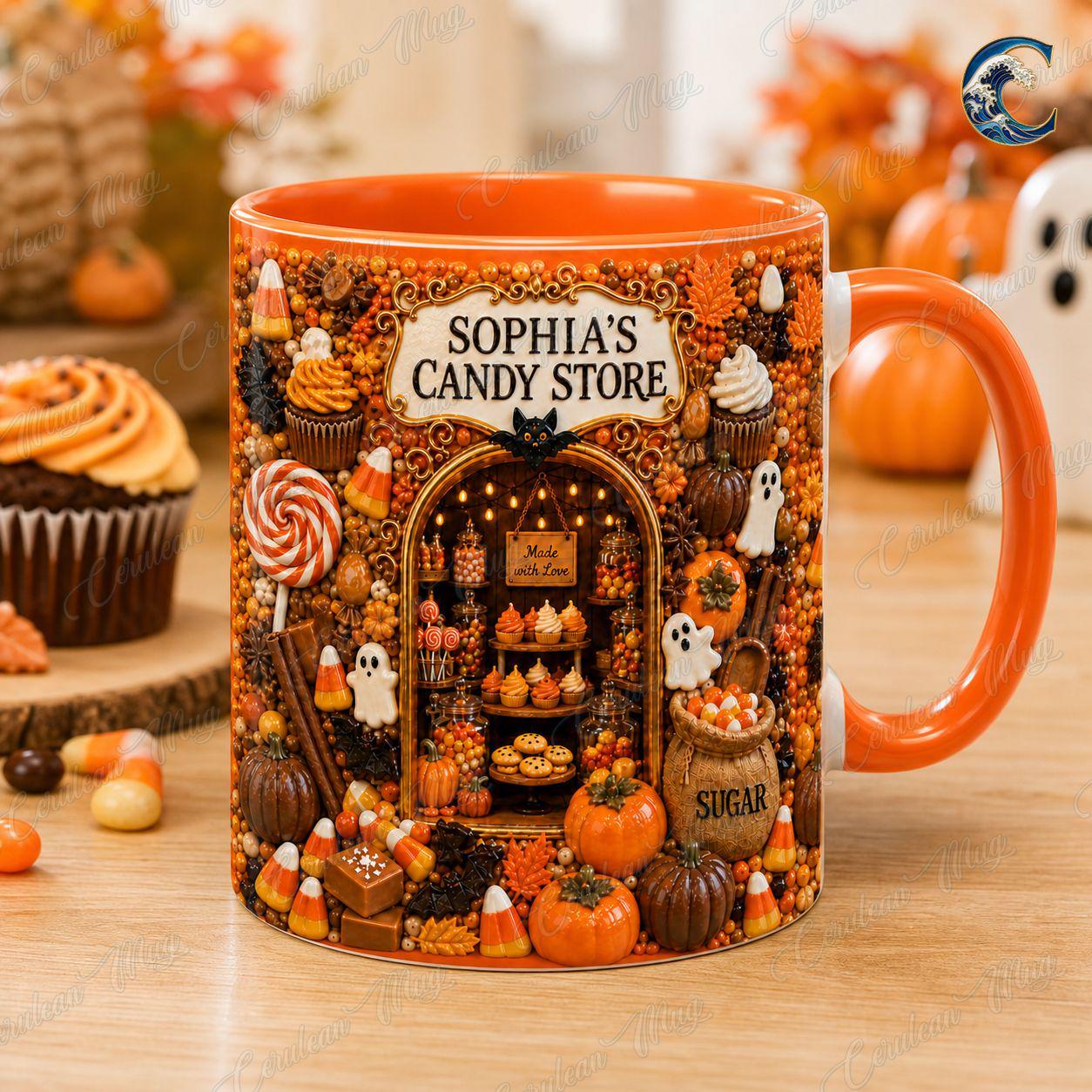 Personalized Candy Store Mug, Sophia Candy Store Coffee Mug, Halloween Trick or Treat Mug, Custom Shop Name Mug, Spooky Fall Gift