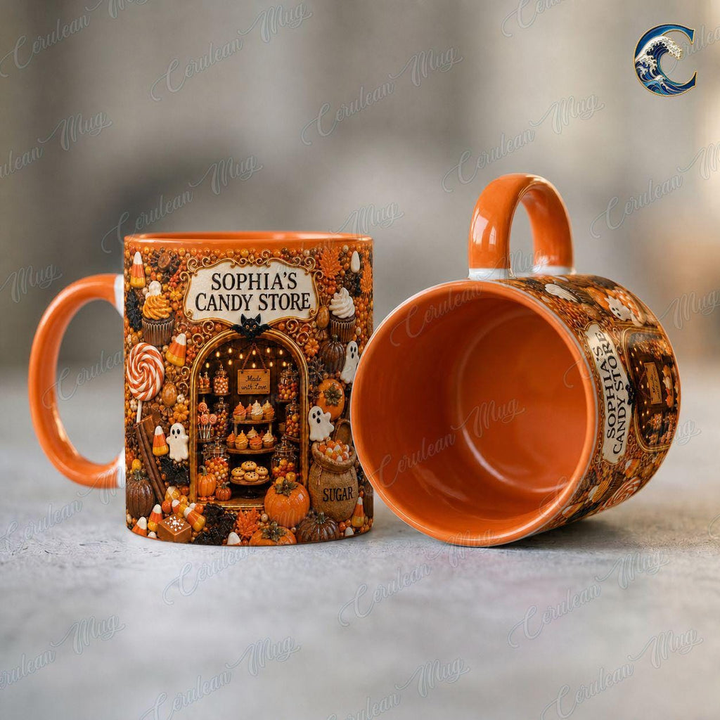 Personalized Candy Store Mug, Sophia Candy Store Coffee Mug, Halloween Trick or Treat Mug, Custom Shop Name Mug, Spooky Fall Gift