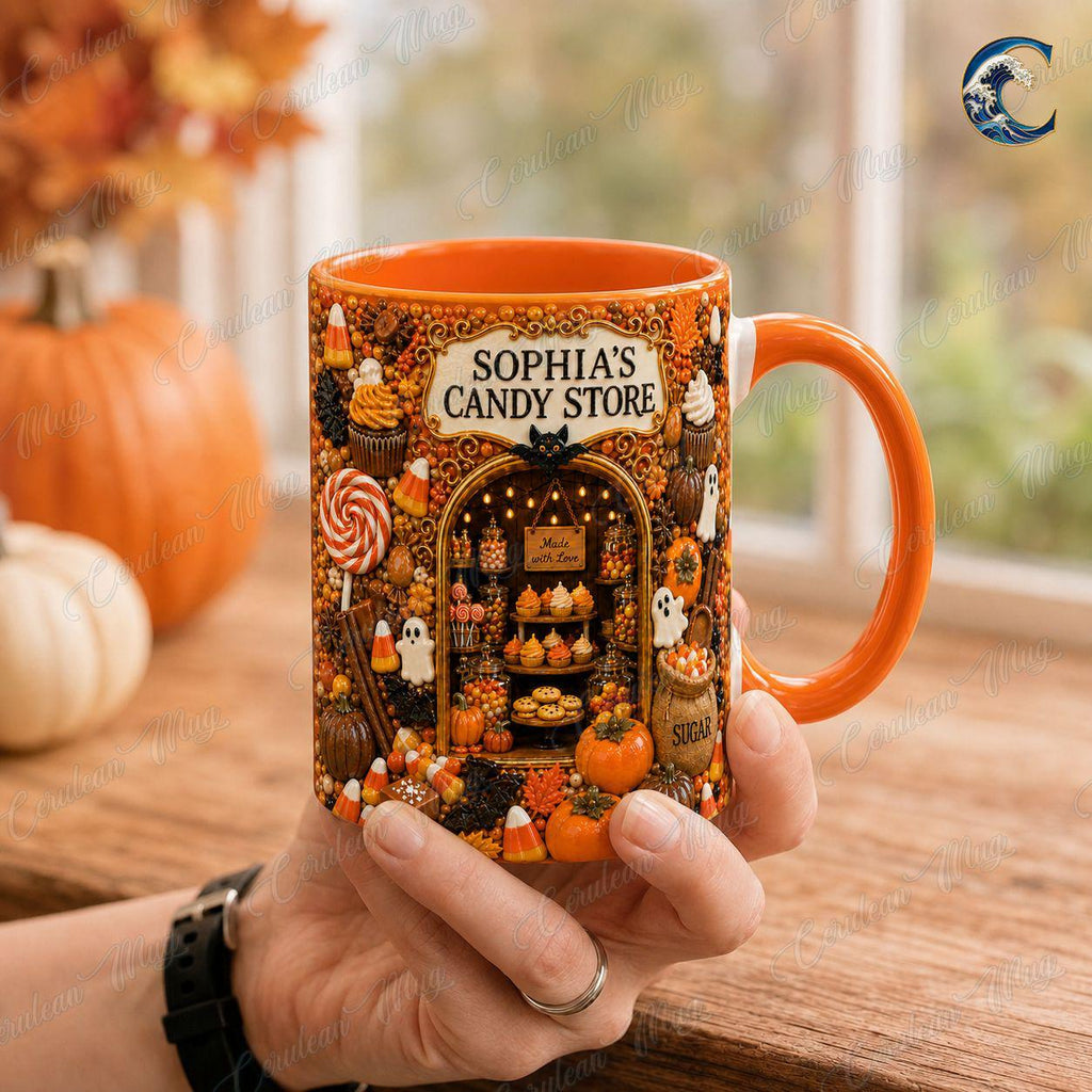 Personalized Candy Store Mug, Sophia Candy Store Coffee Mug, Halloween Trick or Treat Mug, Custom Shop Name Mug, Spooky Fall Gift