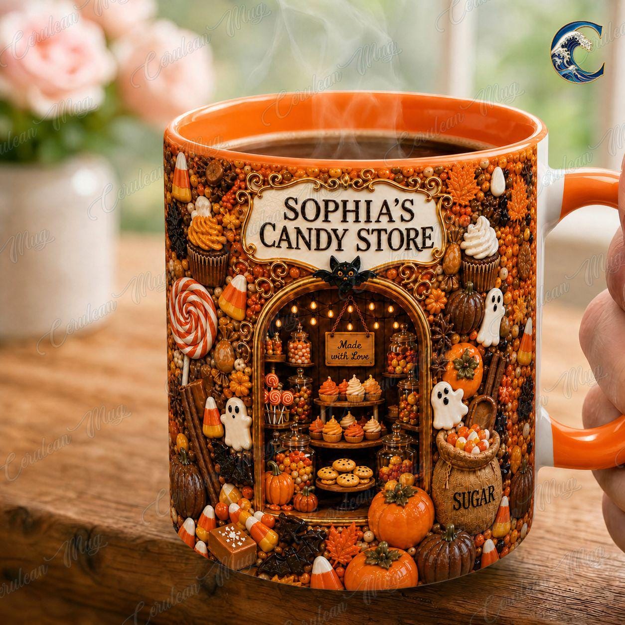 Personalized Candy Store Mug, Sophia Candy Store Coffee Mug, Halloween Trick or Treat Mug, Custom Shop Name Mug, Spooky Fall Gift