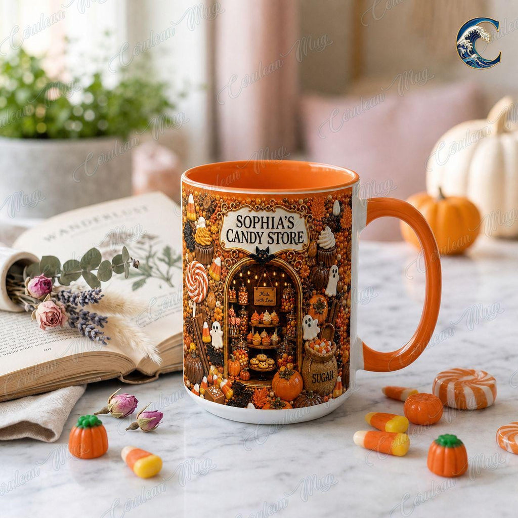 Personalized Candy Store Mug, Sophia Candy Store Coffee Mug, Halloween Trick or Treat Mug, Custom Shop Name Mug, Spooky Fall Gift
