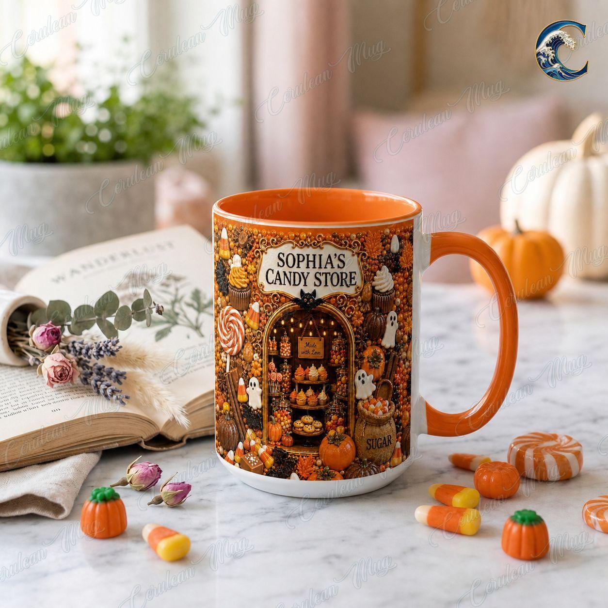 Personalized Candy Store Mug, Sophia Candy Store Coffee Mug, Halloween Trick or Treat Mug, Custom Shop Name Mug, Spooky Fall Gift