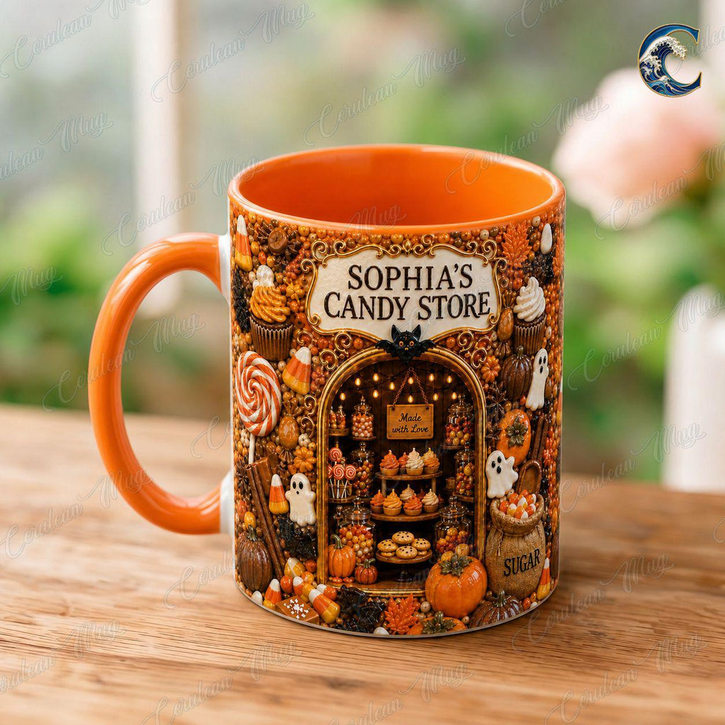 Personalized Candy Store Mug, Sophia Candy Store Coffee Mug, Halloween Trick or Treat Mug, Custom Shop Name Mug, Spooky Fall Gift