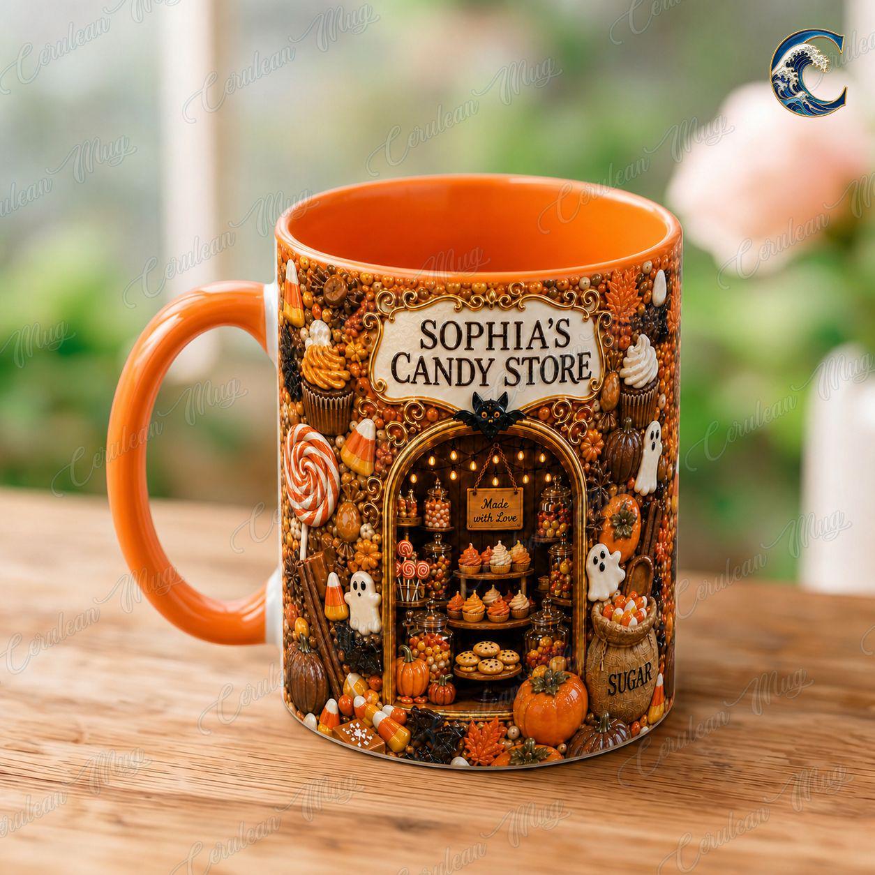 Personalized Candy Store Mug, Sophia Candy Store Coffee Mug, Halloween Trick or Treat Mug, Custom Shop Name Mug, Spooky Fall Gift