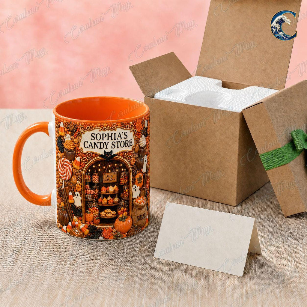 Personalized Candy Store Mug, Sophia Candy Store Coffee Mug, Halloween Trick or Treat Mug, Custom Shop Name Mug, Spooky Fall Gift