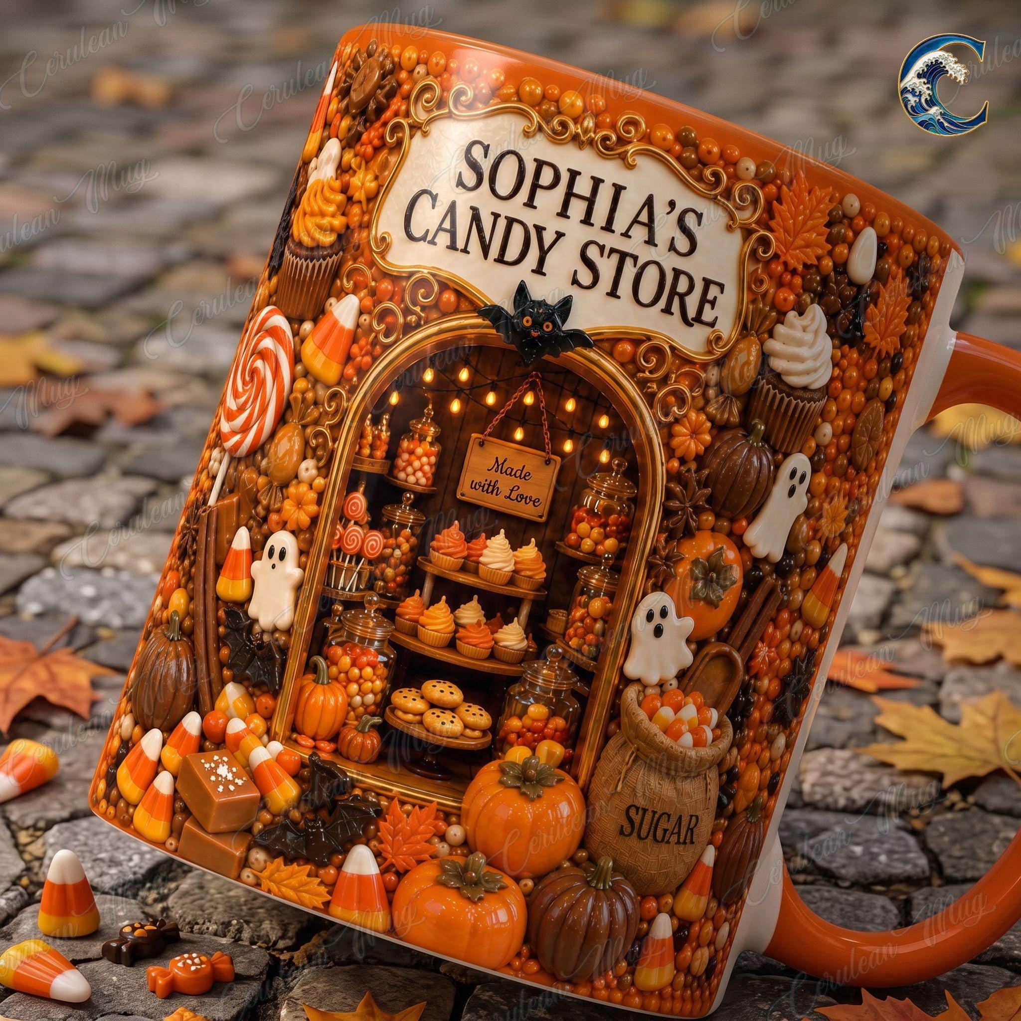 Personalized Candy Store Mug, Sophia Candy Store Coffee Mug, Halloween Trick or Treat Mug, Custom Shop Name Mug, Spooky Fall Gift
