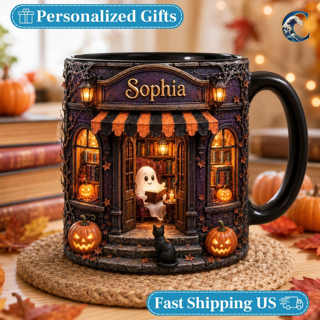 Personalized Ghost Reading Mug, Bookshop Coffee Mug, Halloween Book Lover Mug, Custom Name Cat Mug, Spooky Book Lover Gift