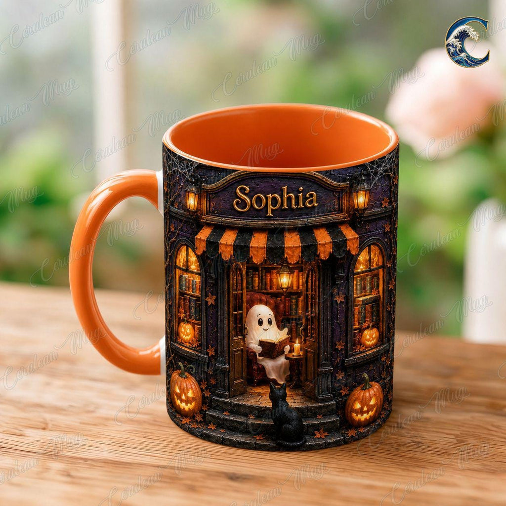 Personalized Ghost Reading Mug, Bookshop Coffee Mug, Halloween Book Lover Mug, Custom Name Cat Mug, Spooky Book Lover Gift