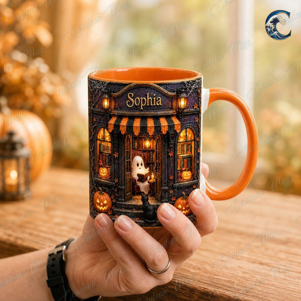 Personalized Ghost Reading Mug, Bookshop Coffee Mug, Halloween Book Lover Mug, Custom Name Cat Mug, Spooky Book Lover Gift