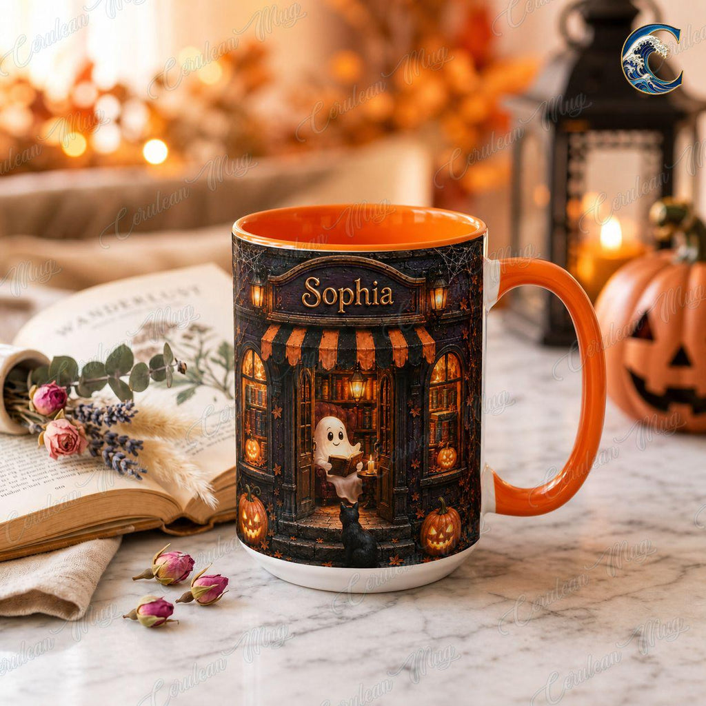 Personalized Ghost Reading Mug, Bookshop Coffee Mug, Halloween Book Lover Mug, Custom Name Cat Mug, Spooky Book Lover Gift