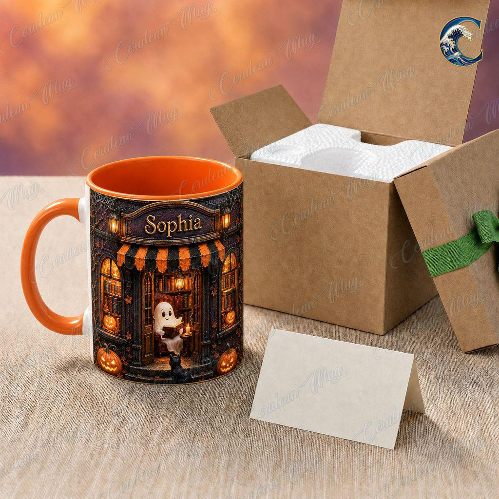 Personalized Ghost Reading Mug, Bookshop Coffee Mug, Halloween Book Lover Mug, Custom Name Cat Mug, Spooky Book Lover Gift