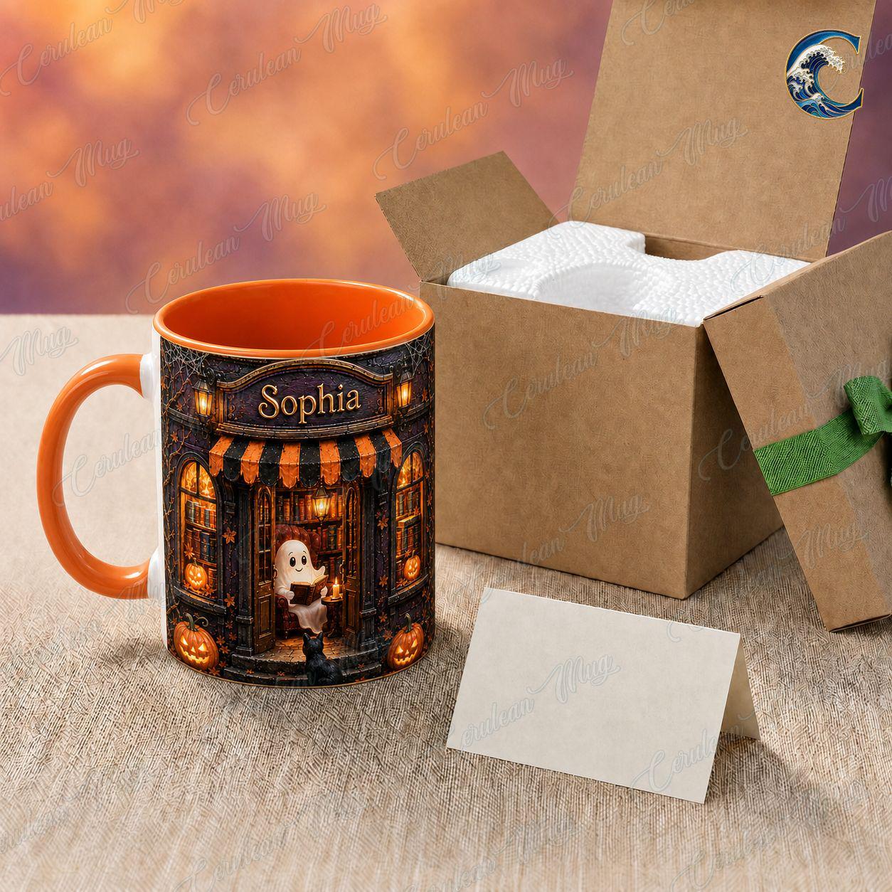 Personalized Ghost Reading Mug, Bookshop Coffee Mug, Halloween Book Lover Mug, Custom Name Cat Mug, Spooky Book Lover Gift