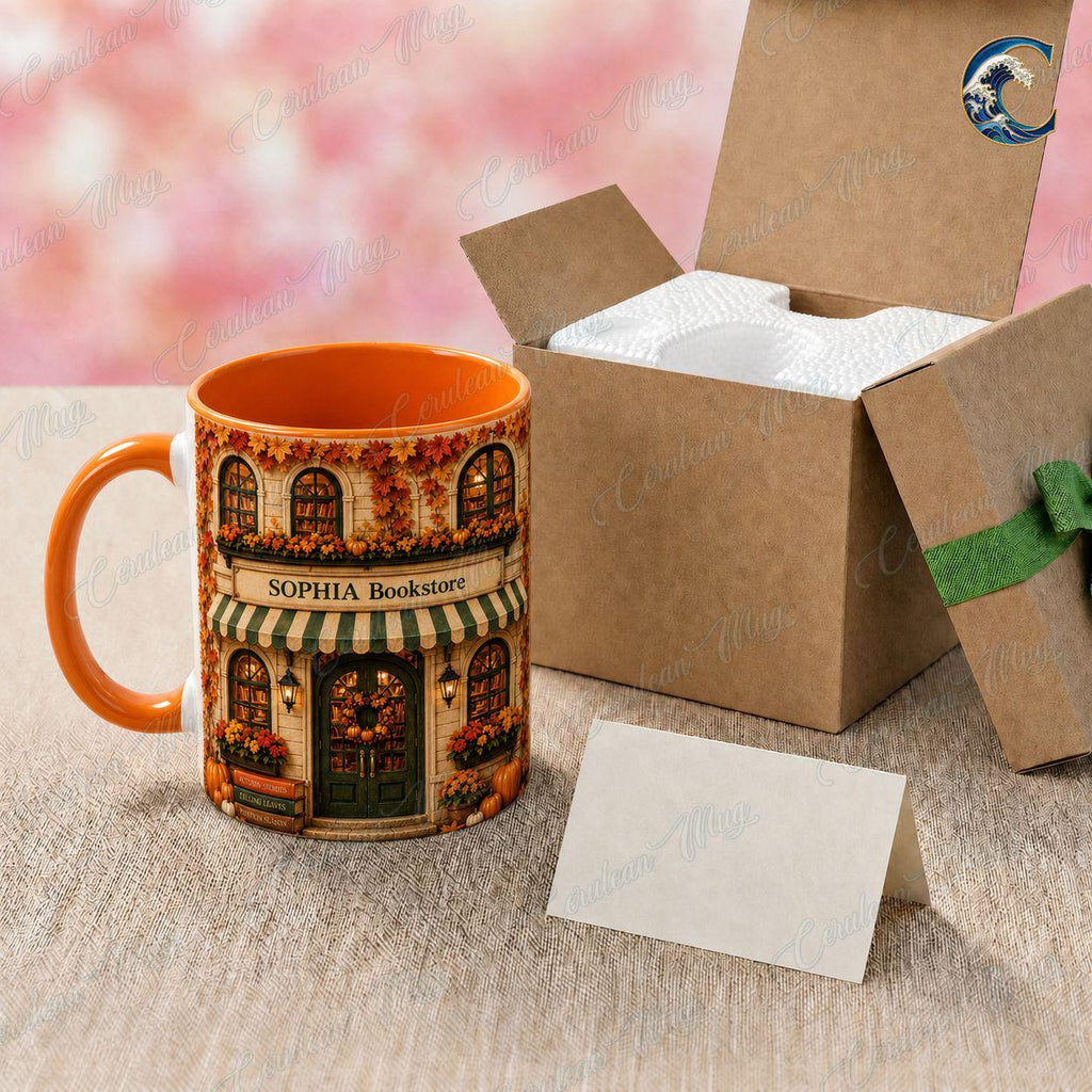 Personalized Bookstore Mug, Cozy Bookshop Coffee Mug, Autumn Fall Reading Mug, Custom Name Building Mug, Book Lover Gift