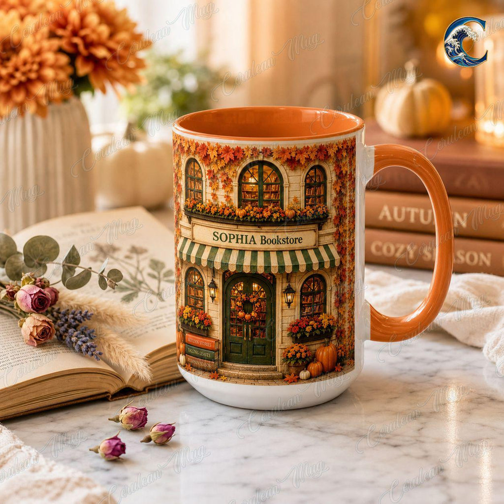 Personalized Bookstore Mug, Cozy Bookshop Coffee Mug, Autumn Fall Reading Mug, Custom Name Building Mug, Book Lover Gift