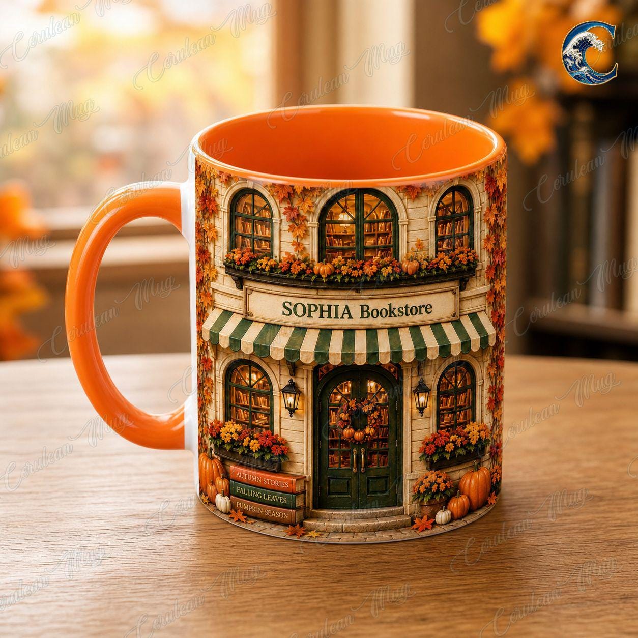 Personalized Bookstore Mug, Cozy Bookshop Coffee Mug, Autumn Fall Reading Mug, Custom Name Building Mug, Book Lover Gift