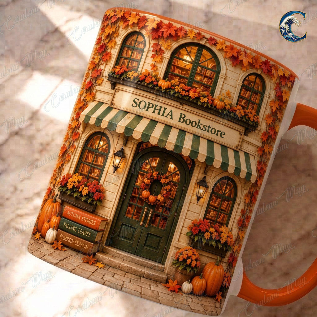 Personalized Bookstore Mug, Cozy Bookshop Coffee Mug, Autumn Fall Reading Mug, Custom Name Building Mug, Book Lover Gift