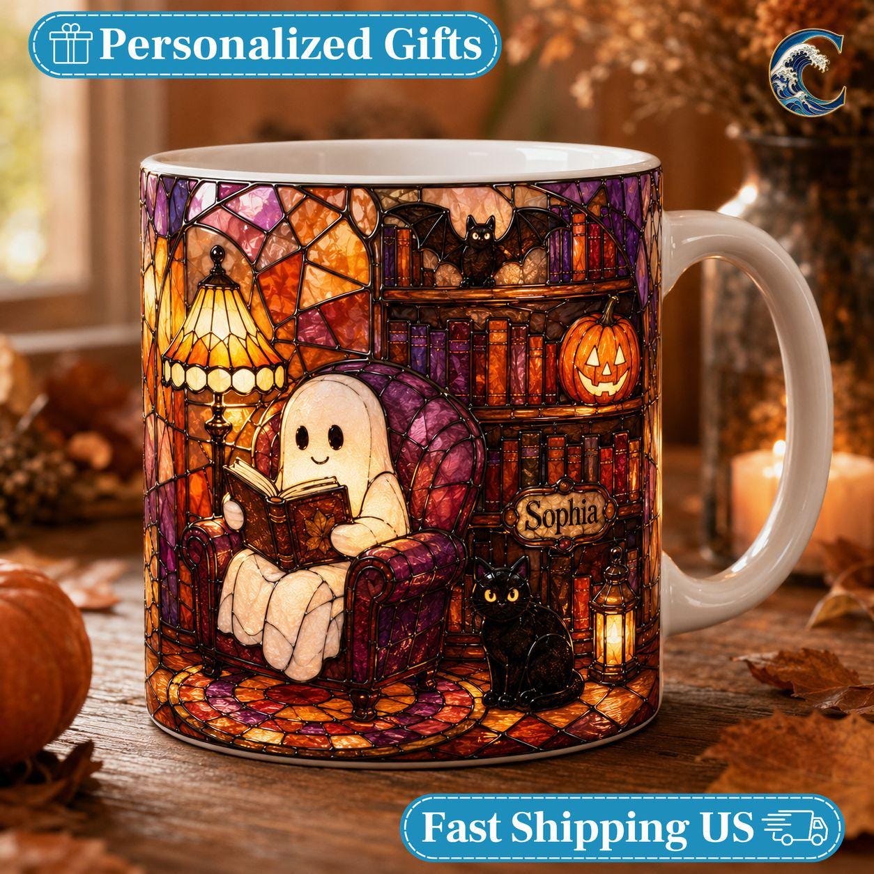 Personalized Stained Glass Reading Mug, Ghost Reading Coffee Mug, Halloween Cat Lover Mug, Custom Name Book Mug, Autumn Reading Gift