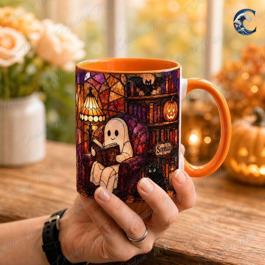 Personalized Stained Glass Reading Mug, Ghost Reading Coffee Mug, Halloween Cat Lover Mug, Custom Name Book Mug, Autumn Reading Gift